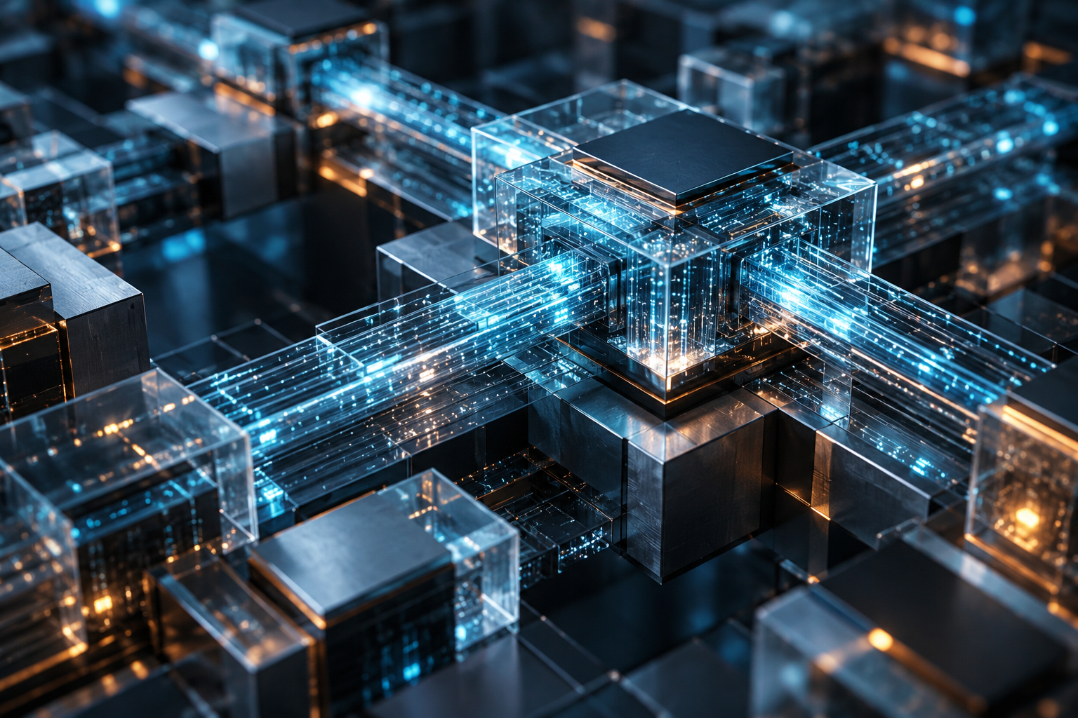 Interconnected glass and metal modules representing a dependable digital system